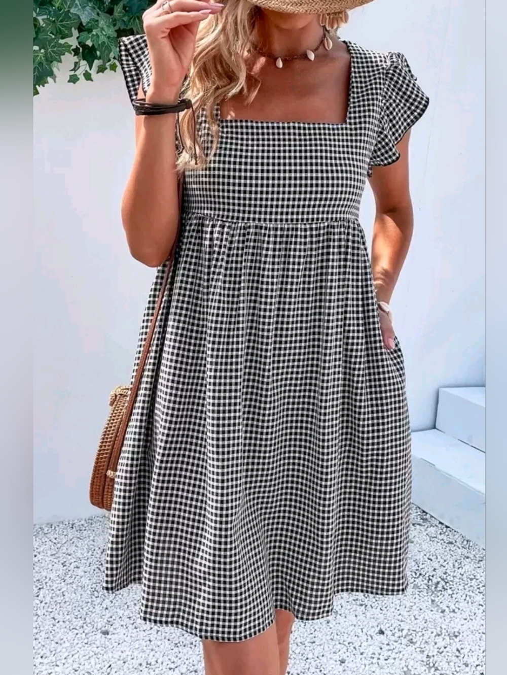 New Gingham Ruffle Sleeve Short Smock Dress Pockets White Black